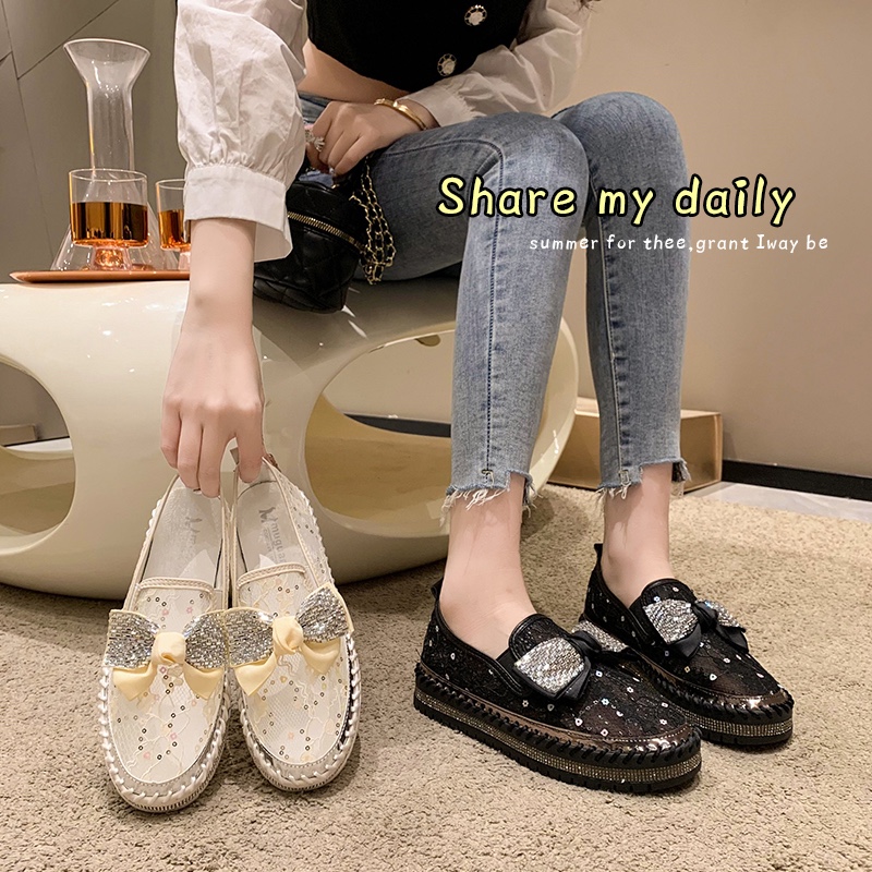 2024 Summer New Women's Sandals Thick Bottom Soft Hollow Mesh Flat Shoes Water Diamond Bow Breathable Sports Shoes Luxury Shining Casual Shoes De