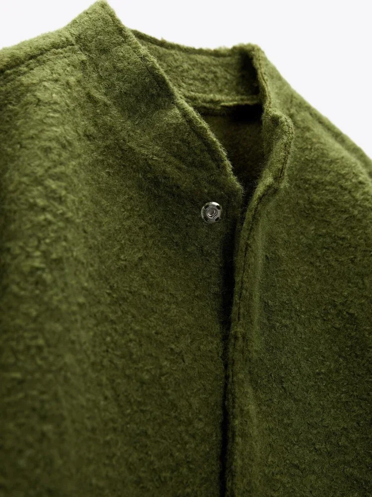 ZBZA Womans Oversized Bomber Jacket Autumn Round Neck Long Sleeve Pocket Hidden Button Loose Jackets Coat Female Outerwear 241115