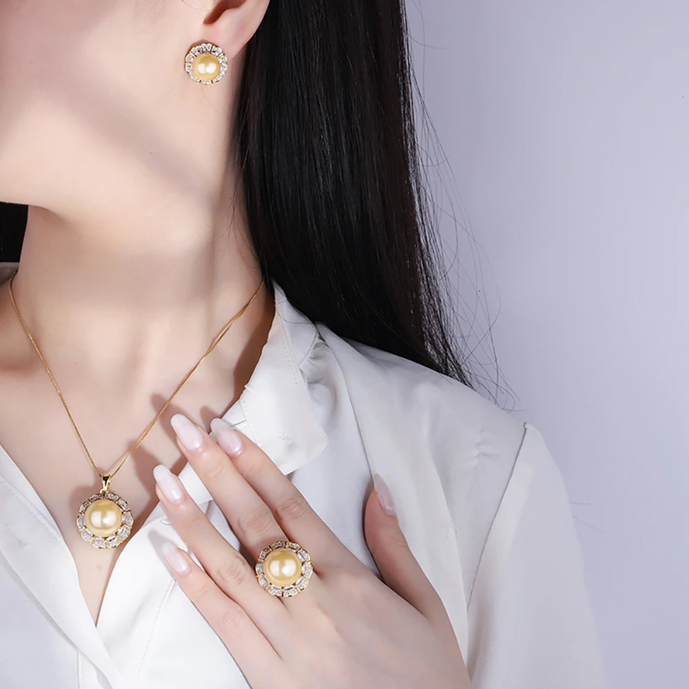 12-16mm light gold pearl laboratory diamond pendant necklace ring earrings womens party jewelry set elegant birthday gift 241115