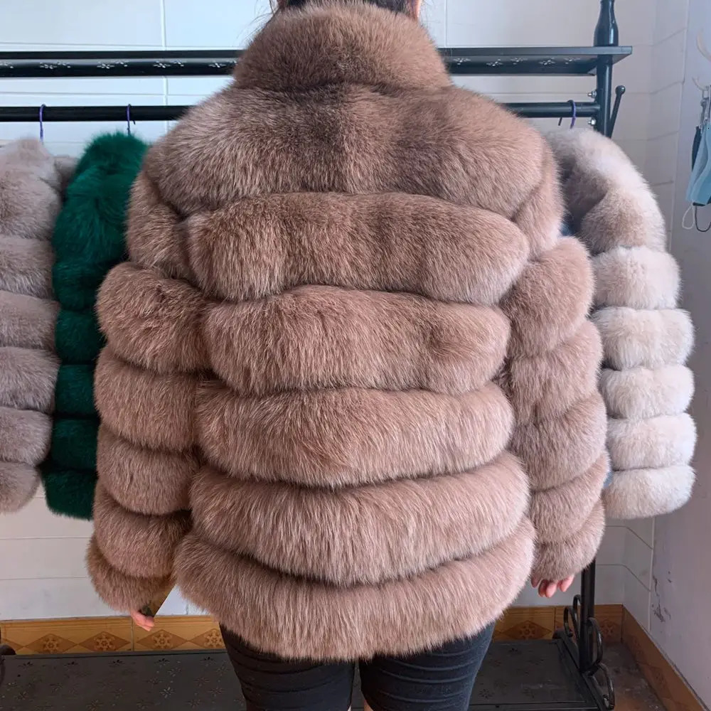 Women Short Furry Real Fur Winter Coat Plus Size Stand Collar Long Sleeve Real Fox Fur Coat Spring Fashion Party Jacket Overcoat 241115