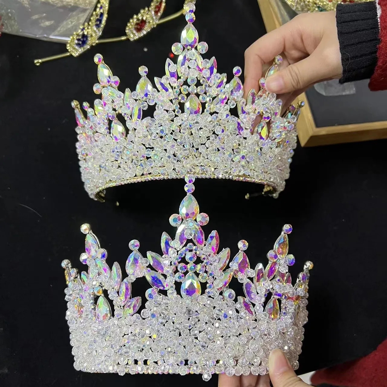 Crystal Royal Queen Crowns Miss Universe Bridal Headwear Womens Blue Pageant Diadem Indian Wedding Hair Accessories 241114