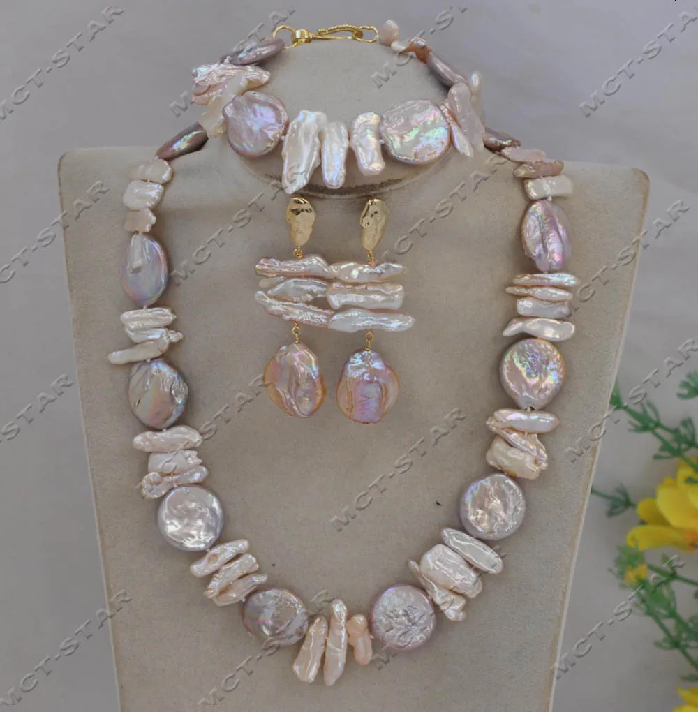 Z13050 Set Natural 20mm Pink Lavender Baroque Coin Pipa Pearl Necklace Bracelet Earrings 241115