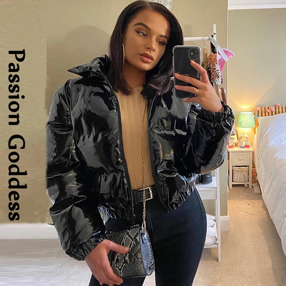 Bright PU Red Puffer Jackets for Women Warm Puffly Bubble Coats Shiny Black Leather Cropped Jackets Zipper Parkas Down Plus Size 241114