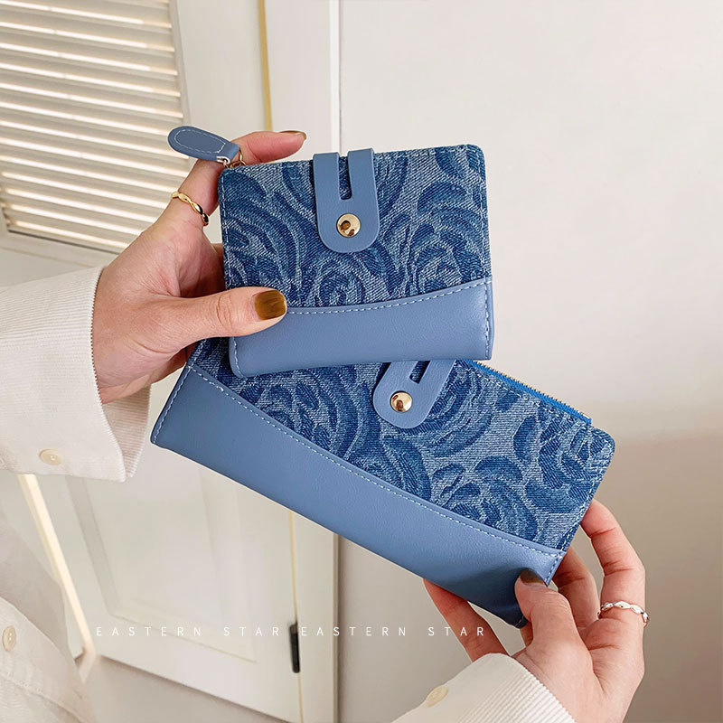 Wholesale women's handbags 2 colors multifunctional folding short clutch bag sweet cowboy pattern womens wallets small fresh printed long wa