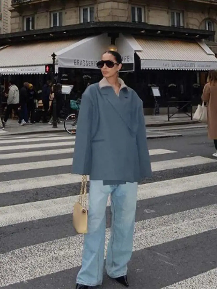 dark gray striped wool coat for women fashionable lapel long sleeved loose long coat autumn and winter womens commuting jacket 241115