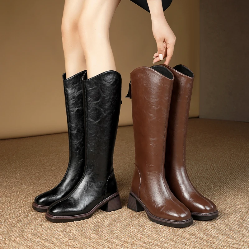 Women Winter Boots Genuine Leather Natural Wool Warm Female Knight Boots Square Toe Back Zipper Western Cowboy Boots Women