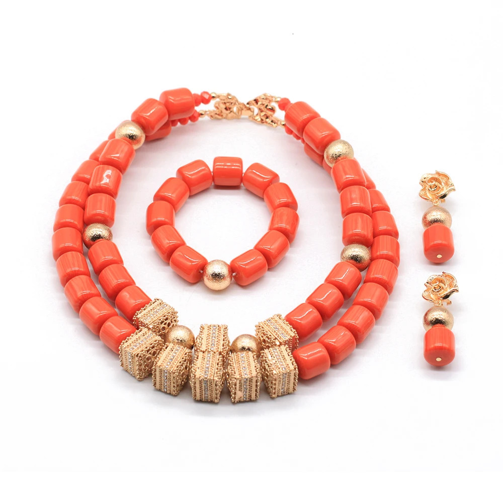 Nigeria wedding jewelry set imitates coral bead gold pendant necklace womens resin material African bride accessories 241115