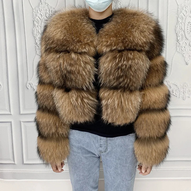 Real Natural Raccoon Jacket Womens Fashion Coats Real Fur Coat Round Neck Warm Thick Hoodie Detachable Style 241115
