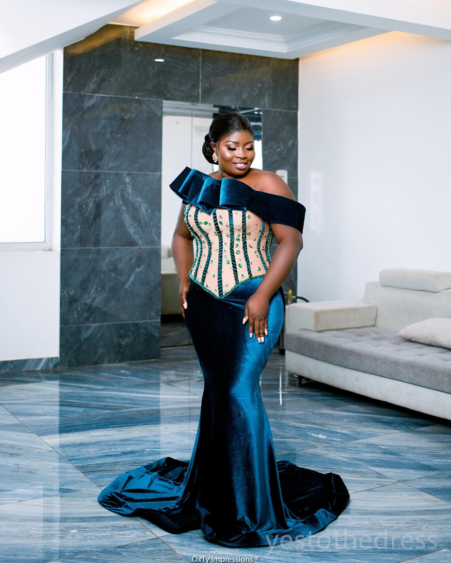 2024 Plus Size Prom Dresses for Black Women Hunter Green One Shoulder Velvet Beaded Crystals Birthday Party Gowns Second Reception Dresses Formal Gala