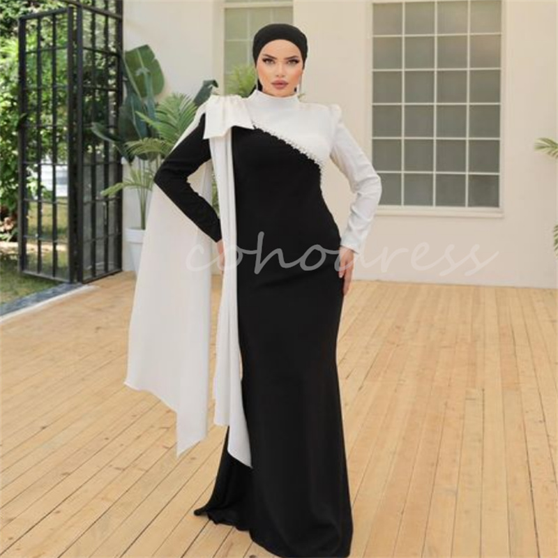 Arabian Black And White Evening Dresses Elegant Muslim Prom Dress Dubai Long Sleeve Mermaid Beaded Formal Dress Birthday vestidos de fiestas elegantes