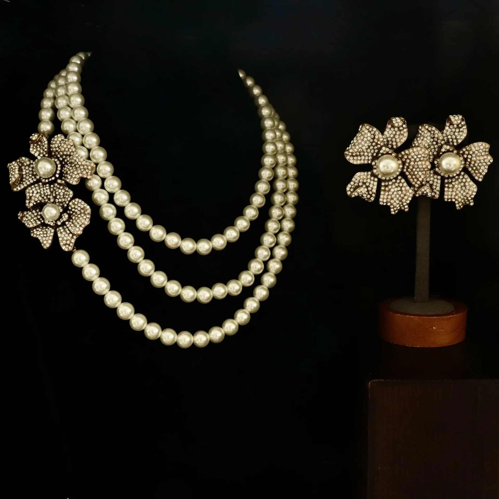 Retro Sweet Flower Earrings Detachable Multi functional Pearl Necklace Set 241115