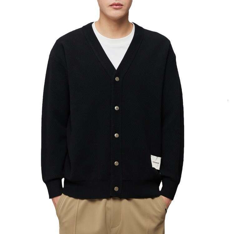 Woog2005 Black V-Neck Men's Cardigan Sweater 2024 Spring And Autumn New Style Micro Loose Outer Knitted Coat