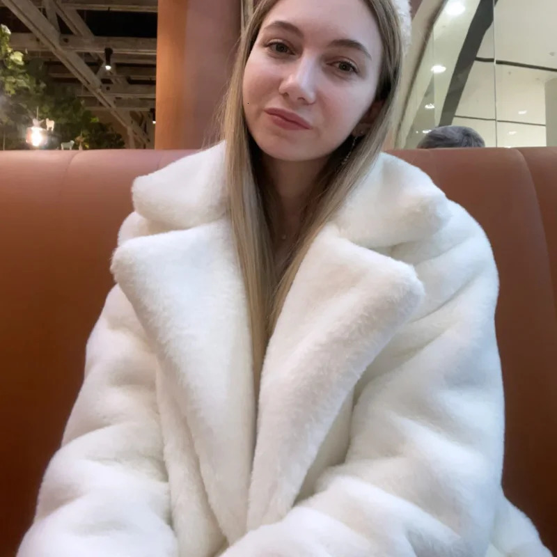 Women Winter Warm Faux Fur Coat Thick Middle Long Overcoat Turn Down Collar Female Casaco Feminino 241115