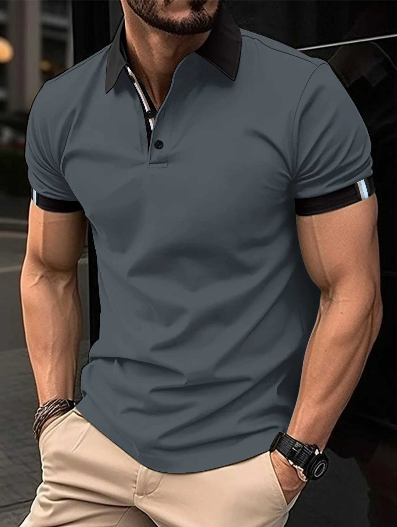 2024 Spring/Summer New Mens Fashion Buckled Collar Casual Short Sleeve Polo Shirt Solid Color Classic Horizontal Fit W241226