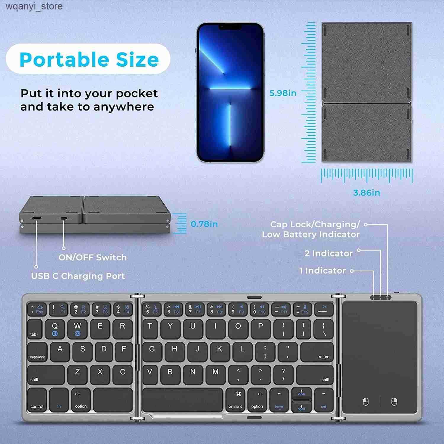 Keyboards 3-Folding keyboard Mini wireless keyboard Foldable dual Bluetooth keyboard with touchpad suitable for Windows Android iOS iPad phones L24091