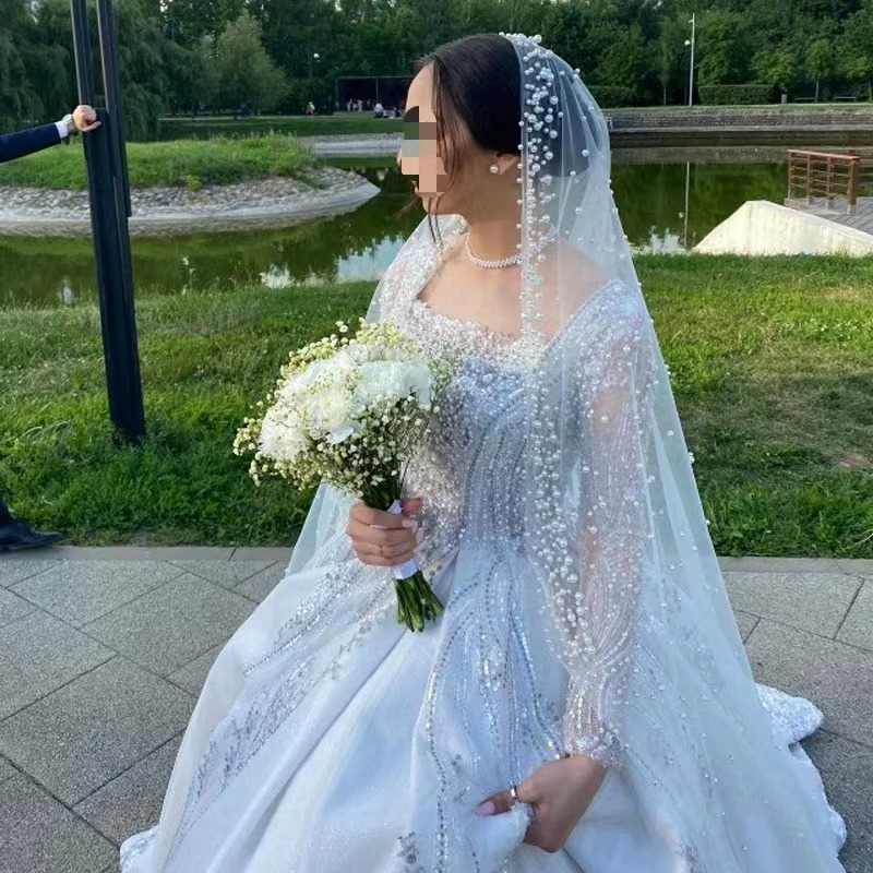 Bridal Pearl Veil Womens Ivory White 2024 Wedding Accessories 1.5m Wide One Floor Cathedral Velos de Noiva Customized Veil 241115