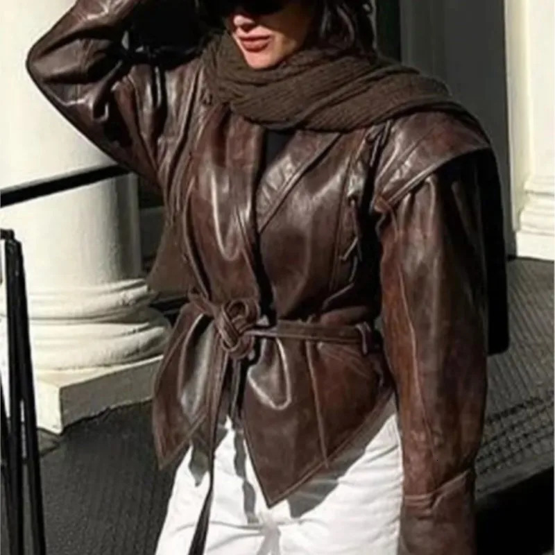 Vintage Street Adjustable Waist Pu Faux Leather Jackets For Women Belt V Neck Button Long Sleeve Motorcycle Coat Lady Outerwear 241115