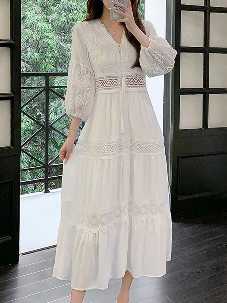 White Long Dress Women Summer Boho Lace Dresses Female Beach Holiday Hollow Out Ladies Elegant Vintage Loose Vestidos 240415