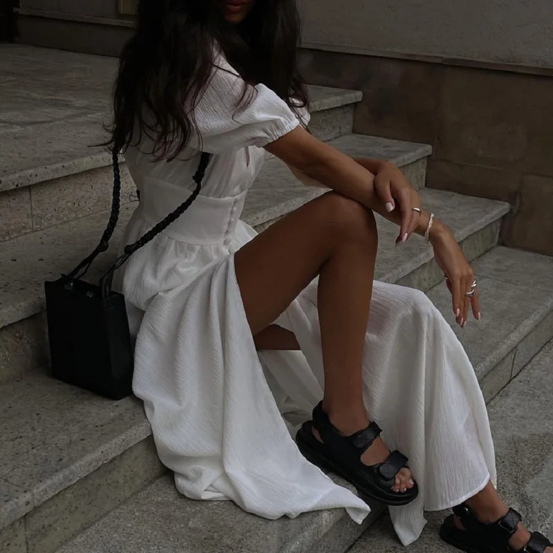 Summer Dress French Puff Sleeve Button Chic Long For Women Party Strapless High Split Casual White Dresses 240415
