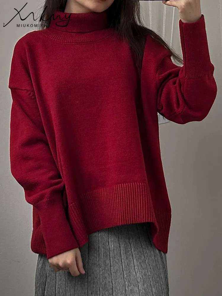 Autumn and winter womens turtle neck sweater warm pull style thick and oversized black knitted camel top sweater 241115