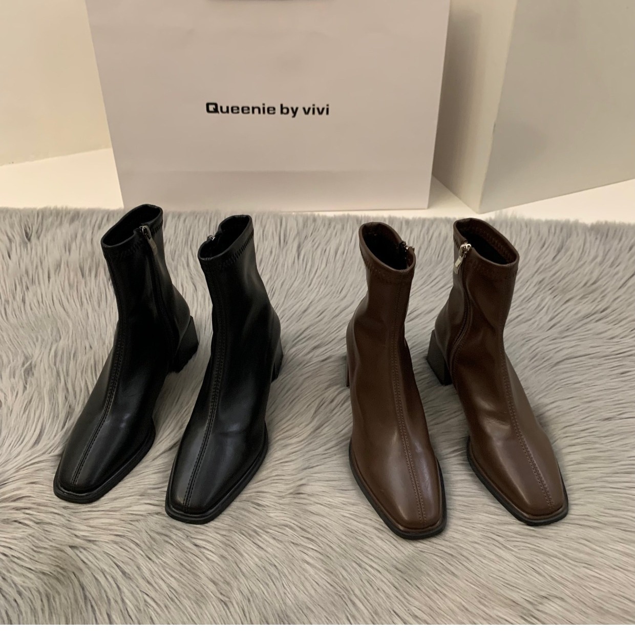 French Velvet New White Square Toe Short Boots.