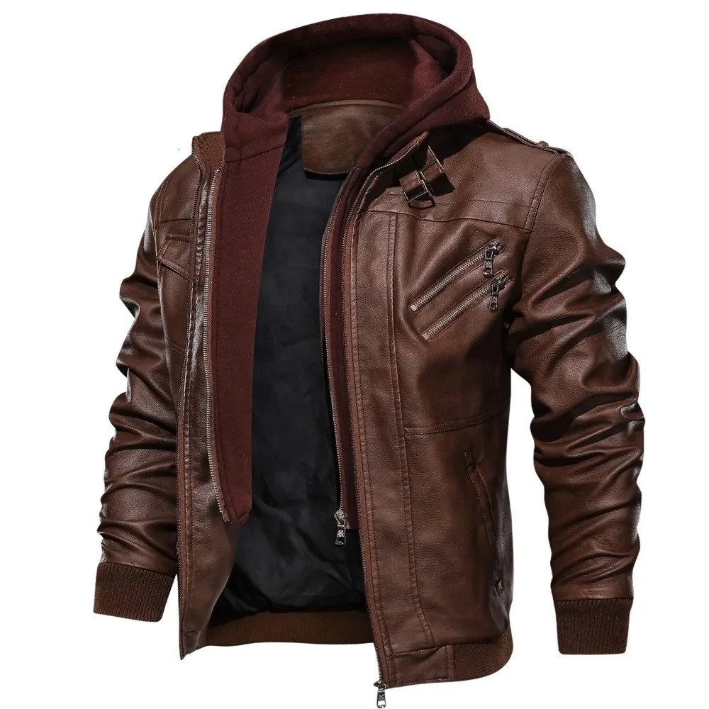 Hood Leather Jacket Streetwear Biker Coat Slim Fit Autumn Winter Mens Fur Lining Motorcycle Fashion 241115