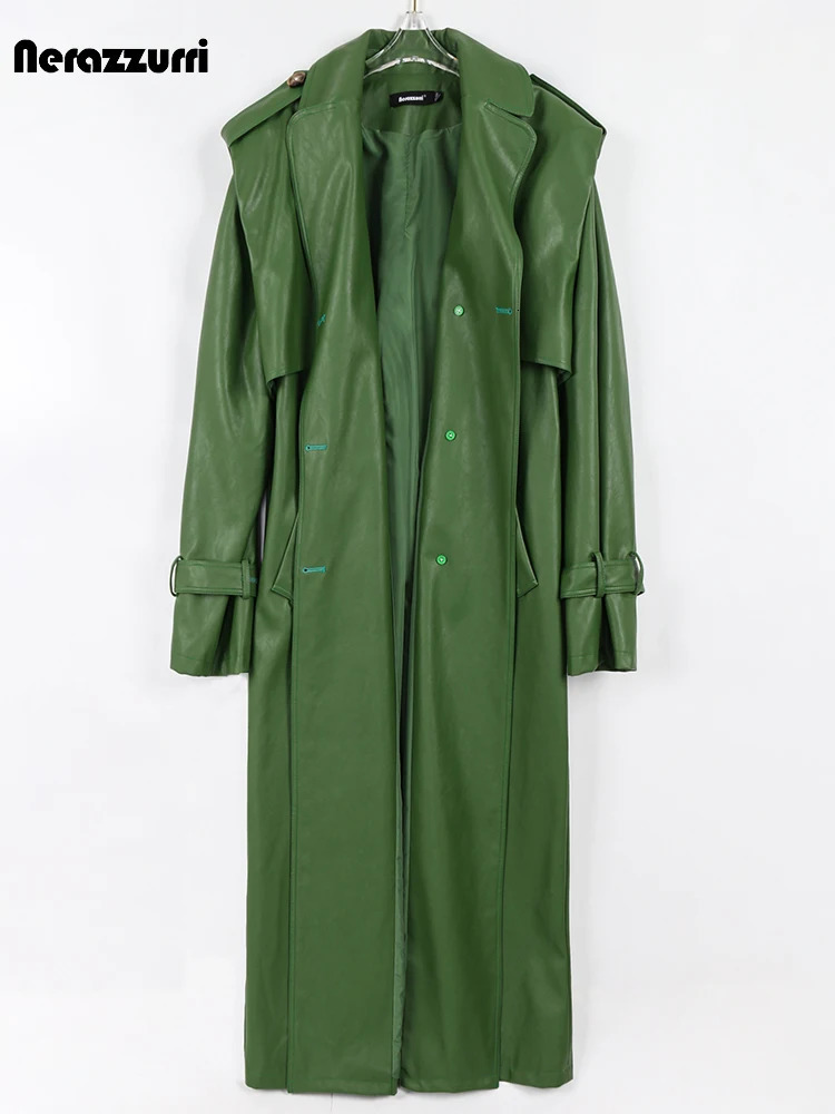 Nerazzurri Autumn Long Cool Green Pu Leather Trench Coat for Women Sashes Single Breasted Stylish Clothes 241115