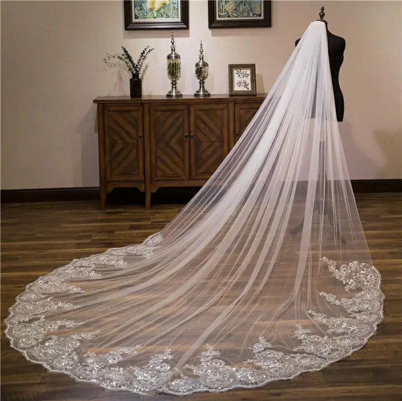 Wholesale white ivory 3 * cathedral wedding veil lace decal bridal veil 241115