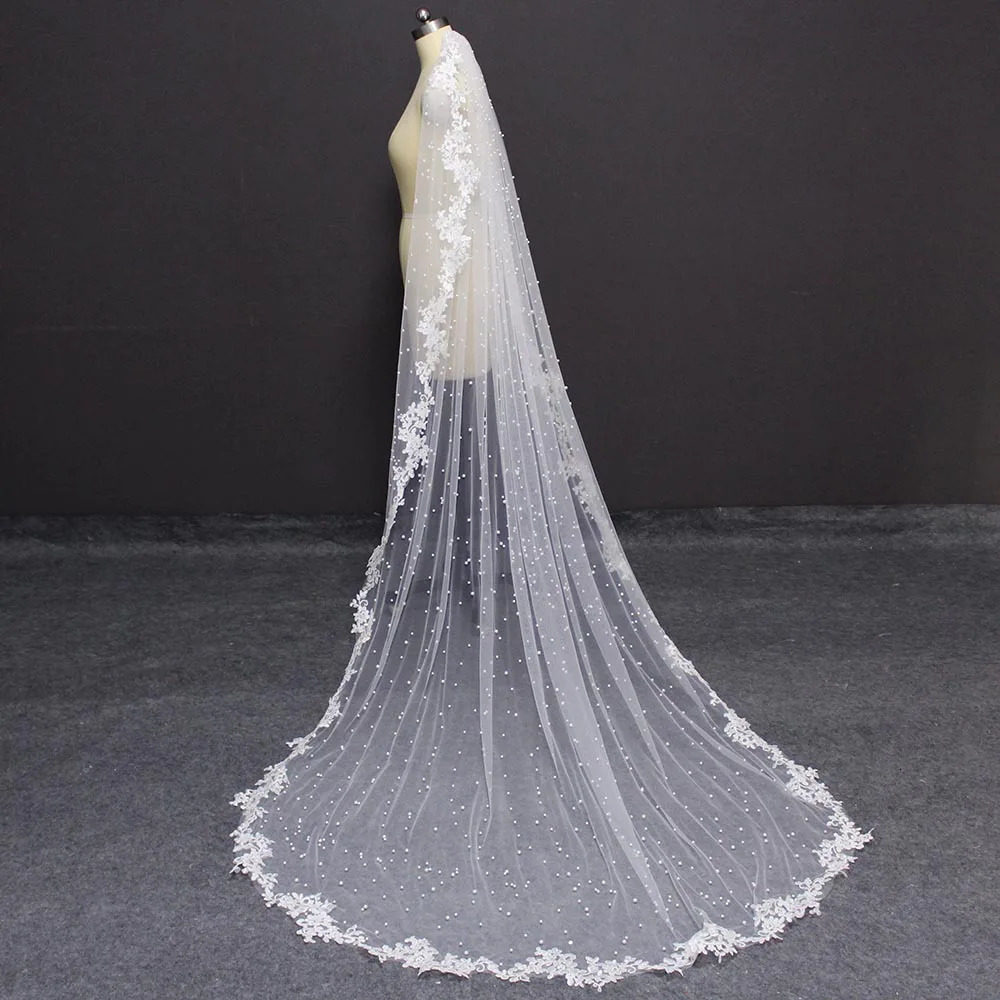 Customized high-quality pearl wedding veil lace applique edge 2.5 meters long bridal veil with comb 250CM 241115