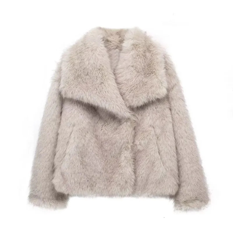 Fashion Furry Fluffy Faux Fur Coat Lapel Warm Jacket Solid Thickened Long Sleeve Plush Overcoat Lady Fall Winter 241115