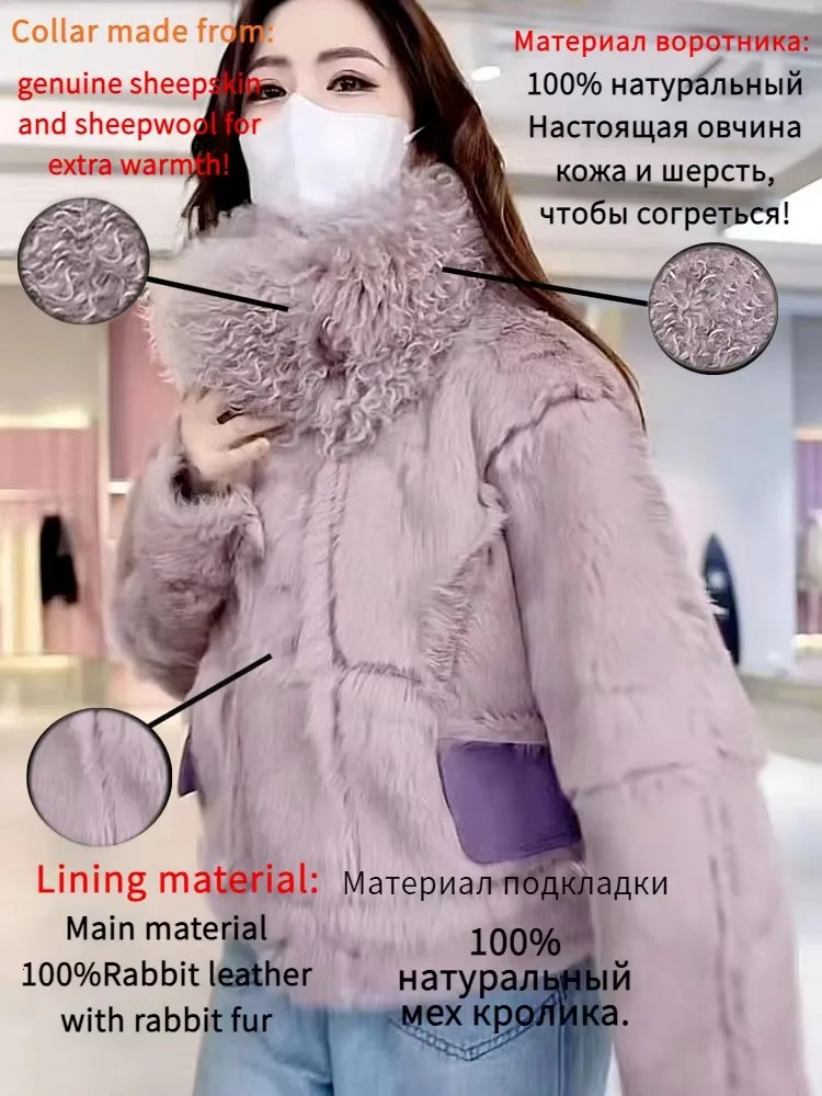 2024Winter Short Style Fur Women Sheepskin Jacket Suede fabric100With Natural Rabbit Lining natural wool collar fallow Coat 241115
