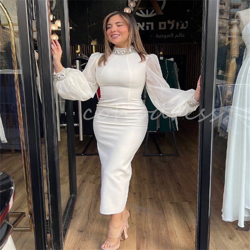 Modern White Midi Evening Dresses With Beaded High Neck Long Sleeve Prom Dress Holiday Cocktail Party Formal Dress Homecoming Graduation Vestio De Gal