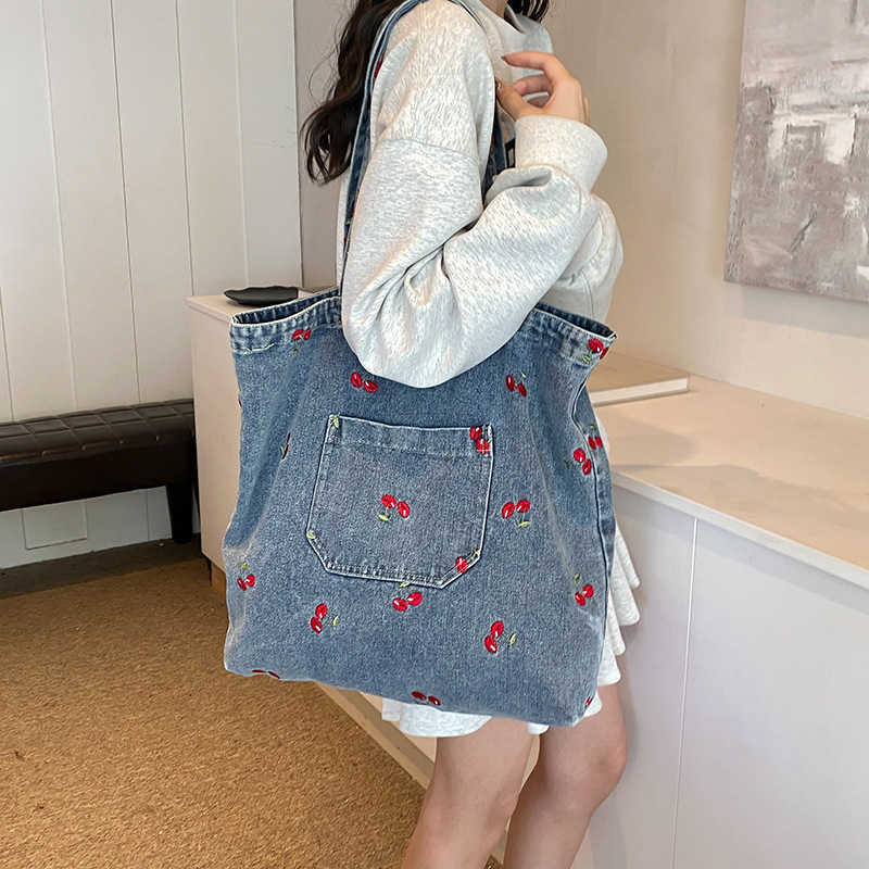 Korean version denim canvas tote bag for women 2024 new niche sweet style embroidered large capacity commuting shoulder bag for women