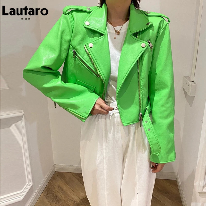Lautaro Y2k Short Green Gecko Biker Leather Jacket Long Sleeve Zipper Belt Colored Stylish Outerwear for Women Fashion 241114