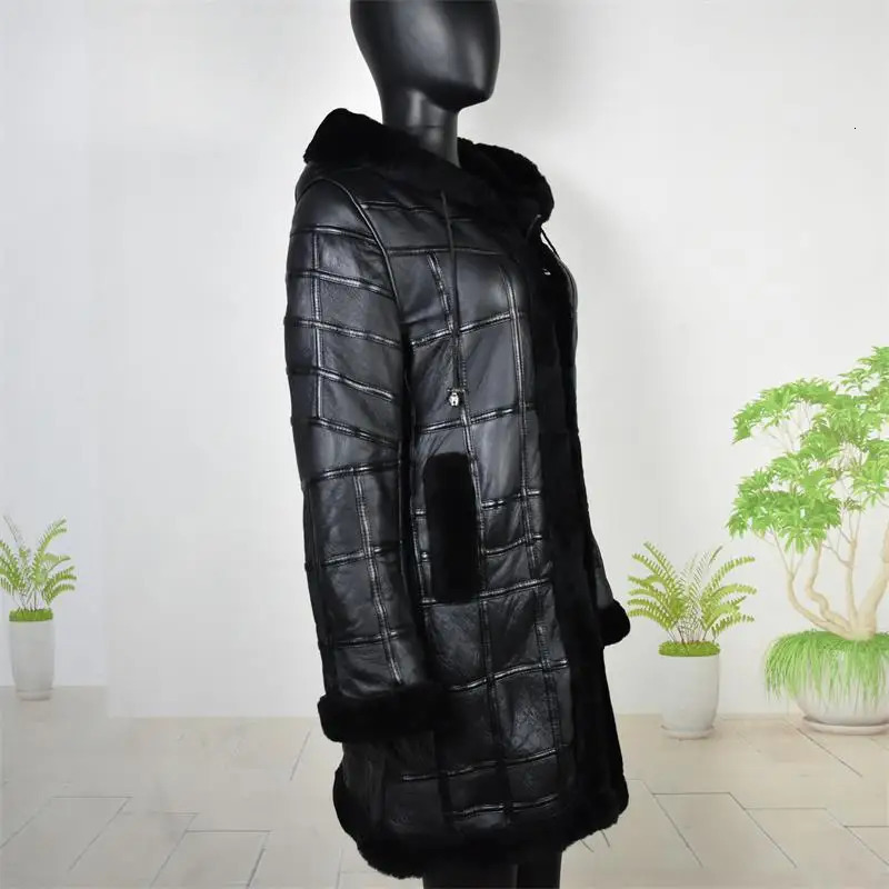Real Sheep Skin Fur Splicing Winter Extended Tops Warm Leather Coat Women Vest Clothing Hat Sheepskin Long 241115