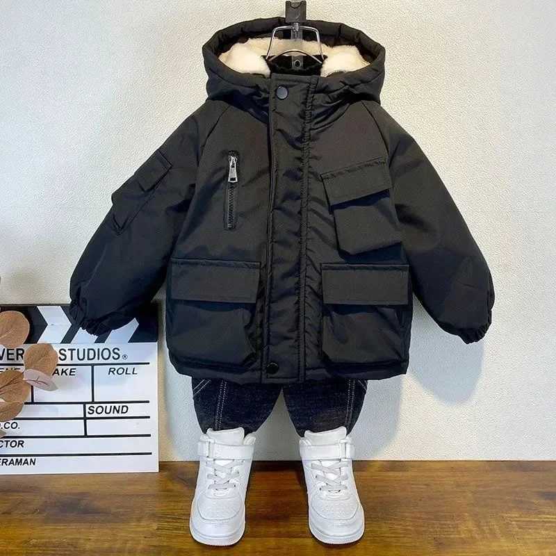 2024 Winter Boys Jacket Childrens Clothing Keep Warm Cotton Thick Coat Childrens Zipper Hooded Coat with Velvet Jacket X241115