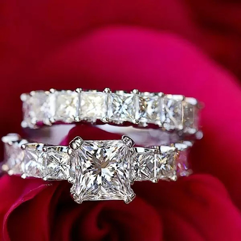 Gorgeous Stunning Wedding Rings Elegant Handmade Luxury Jewelry 925 Sterling Silver Princess Cut White Lab Moissanite Diamond Party Women Couple Brida