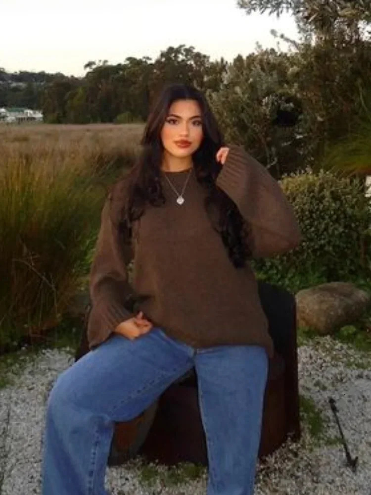 Fashionable brown round neck knitted floral womens fashionable long sleeved basic loose sweater autumn womens commuting knitted top 241115