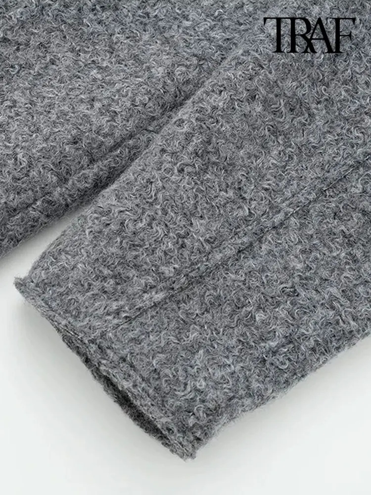 TRAF Women Fashion Patch Pockets With Flaps Cropped Jacket Coat Vintage Long Sleeve Front Zipper Female Outerwear Chic Tops 241115