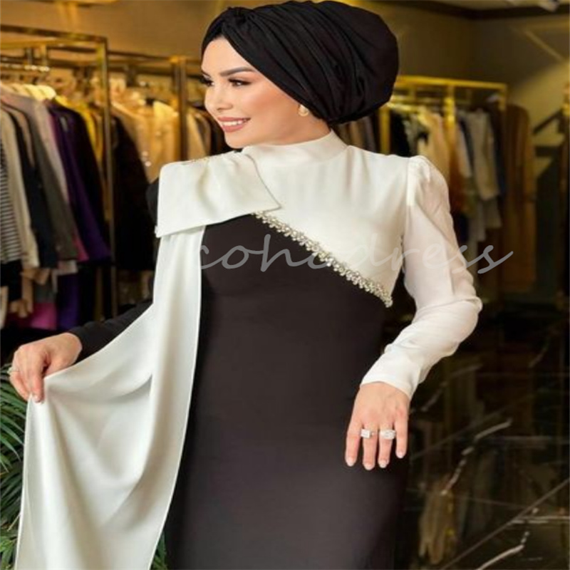 Arabian Black And White Evening Dresses Elegant Muslim Prom Dress Dubai Long Sleeve Mermaid Beaded Formal Dress Birthday vestidos de fiestas elegantes