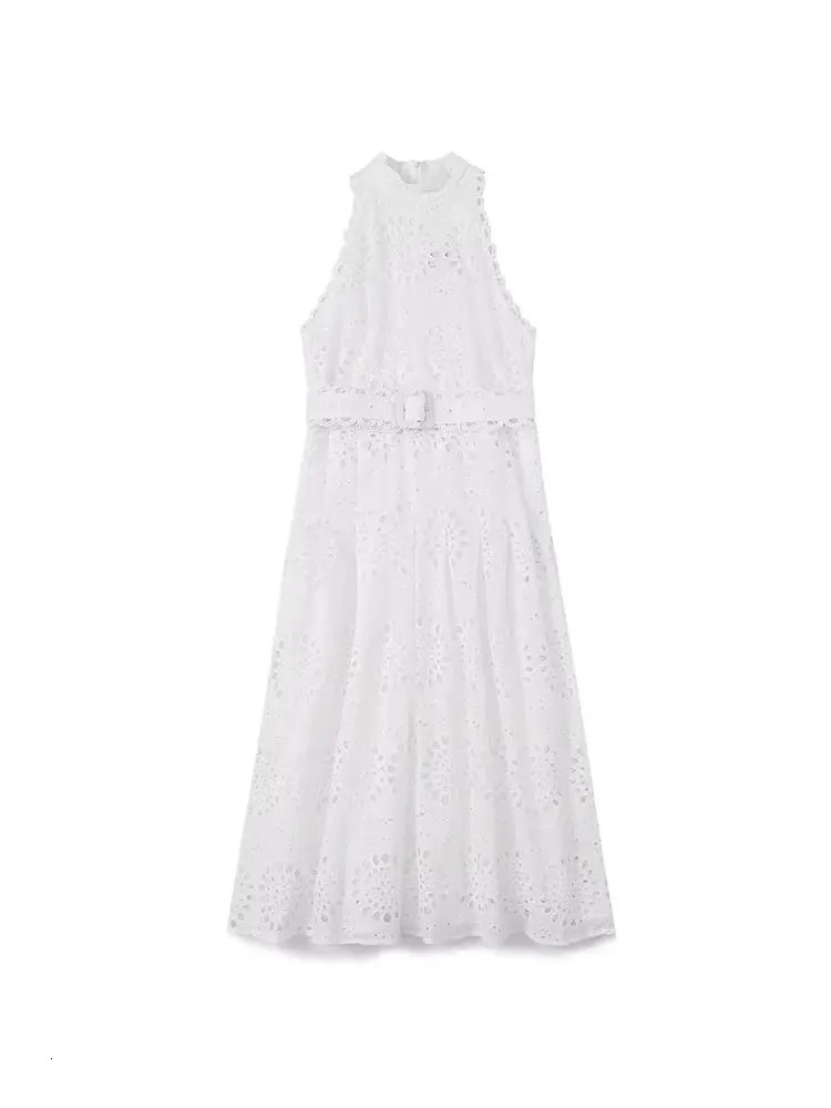 TRAF Dress Woman Sleeveless Hollowed Out Embroidery Midi Women Summer Dresses for With Belt Party 240415