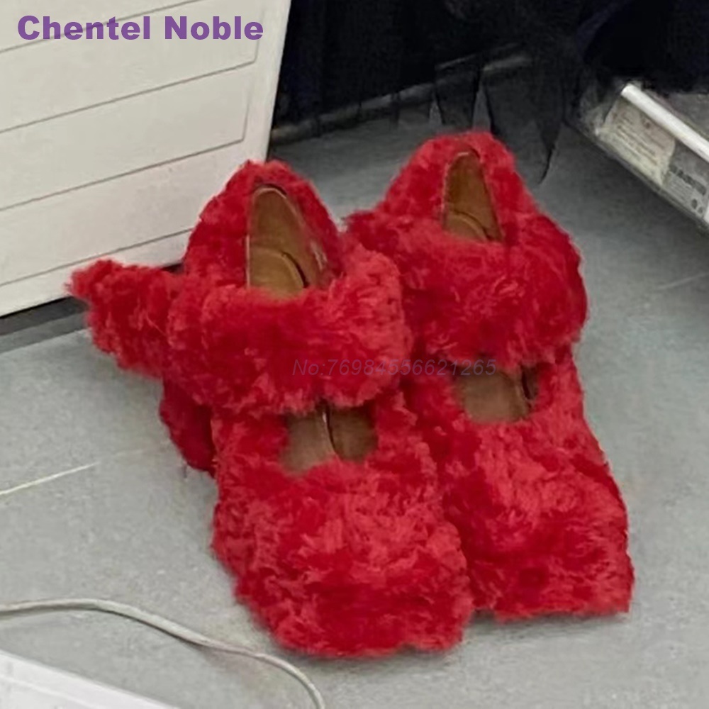 Fur Straps Chunky Sweet Square Toe Novelty Autumn Women Pumps Cute Runway Shallow Design Red White Black Party Shoes