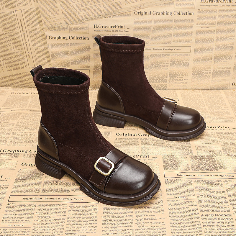 Vintage versatile brown socks boots women's autumn and winter short boots.