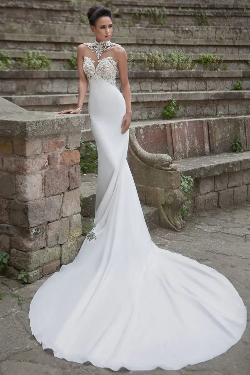 Boho Garden Mermaid Wedding Dresses Gorgeous Beading Pearls High Neckline With Applique Lace Bridal Gowns Court Train Slim Fit Backless Bride Robes de