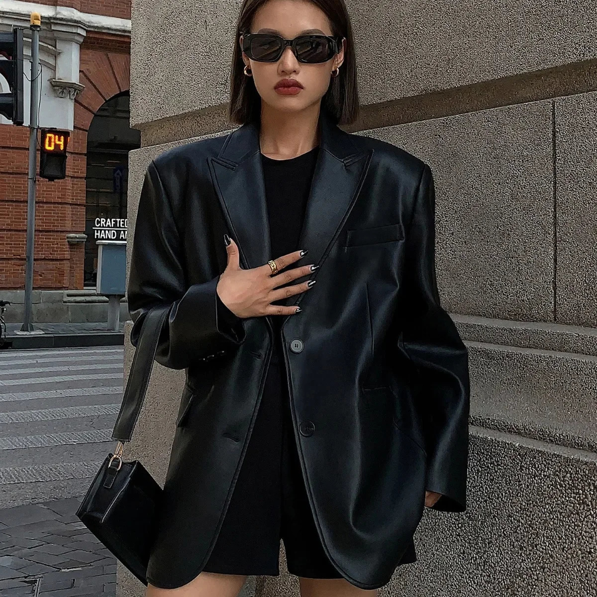 Ladies Fashion Black PU Leather Suit Jacket Spring and Autumn Highgrade Texture Solid Color Loose Small Woman 241115