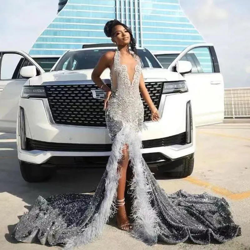 Sparkly Sier Diamonds Mermaid Prom Dresses 2024 Feathers Halter Rhinestones Birthday Gala Gowns Reception Party Outfit