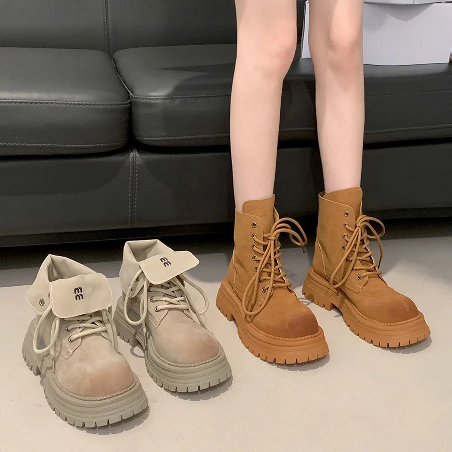Ankle Woman Cowboy boots Winter Round Toe Lace-up Short Womens Platform Designer Knight Boots Shoes with box