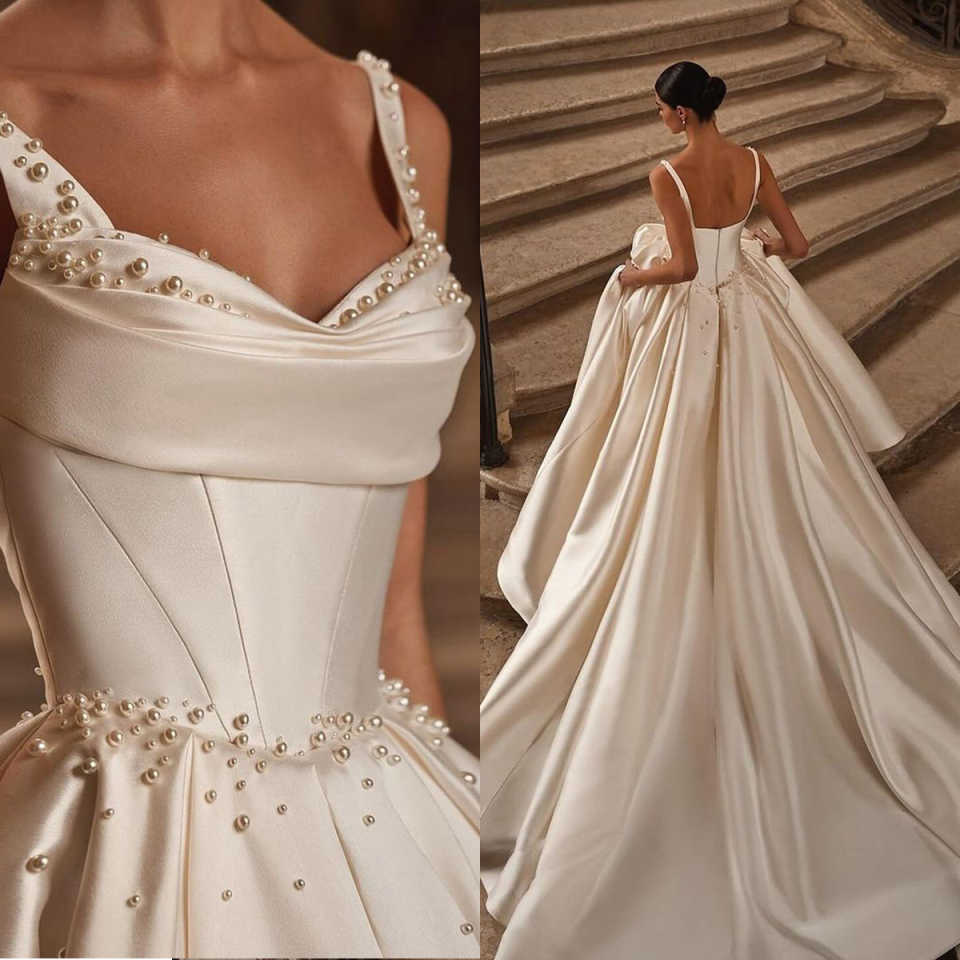 Elegant Pearls Wedding Dresses Spaghetti Straps Bride Gowns A E Satin Sleeveless Custom Made Backless Bridal Vestidos De Novia