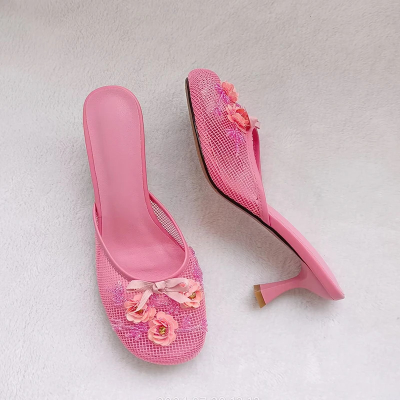 Summer mesh flower beads women slides sexy thin heel sandals 241115