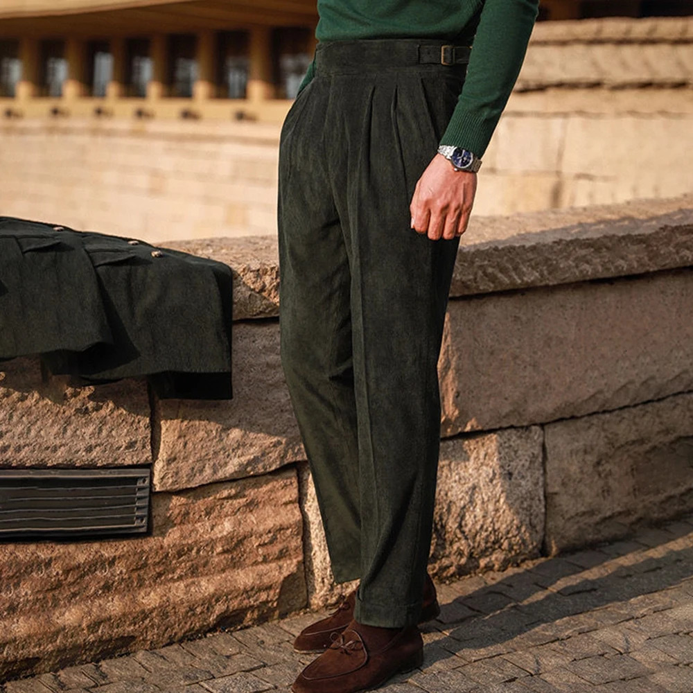 Mens Gurkha Trouser Corduroy Side Buckle Adjustable Waist Casual Set Pants Autumn Business Full Straight Wear 241115